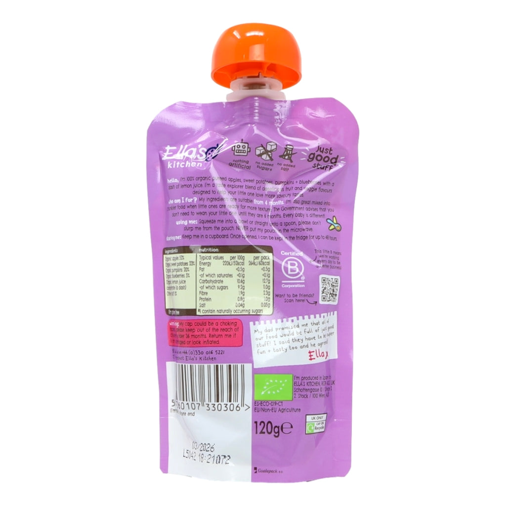 Ella's Kitchen Organic Sweet Potatoes, Pumpkin, Apples and Blueberries Baby Pouch 4+ Months 120g