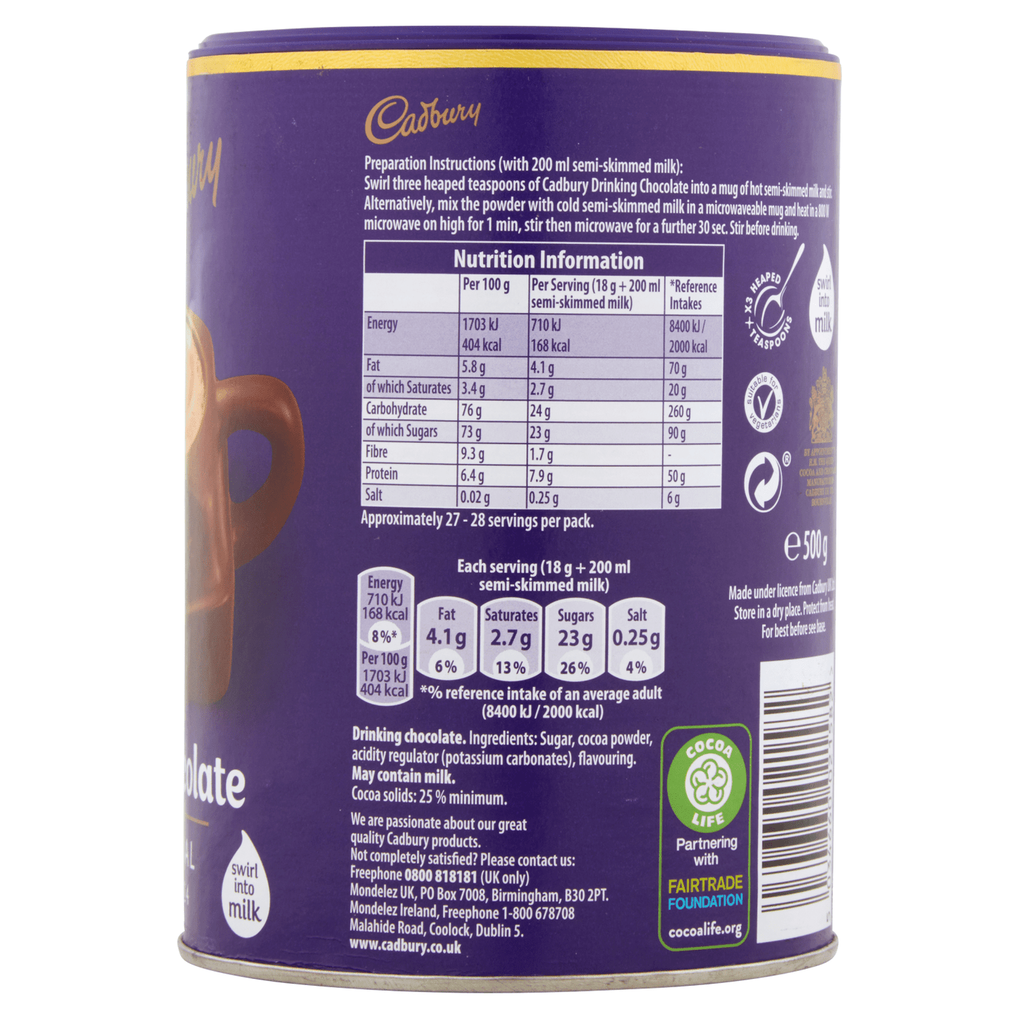 Cadbury Drinking Hot Chocolate 500g - UK Food & Drink - 5034660021582