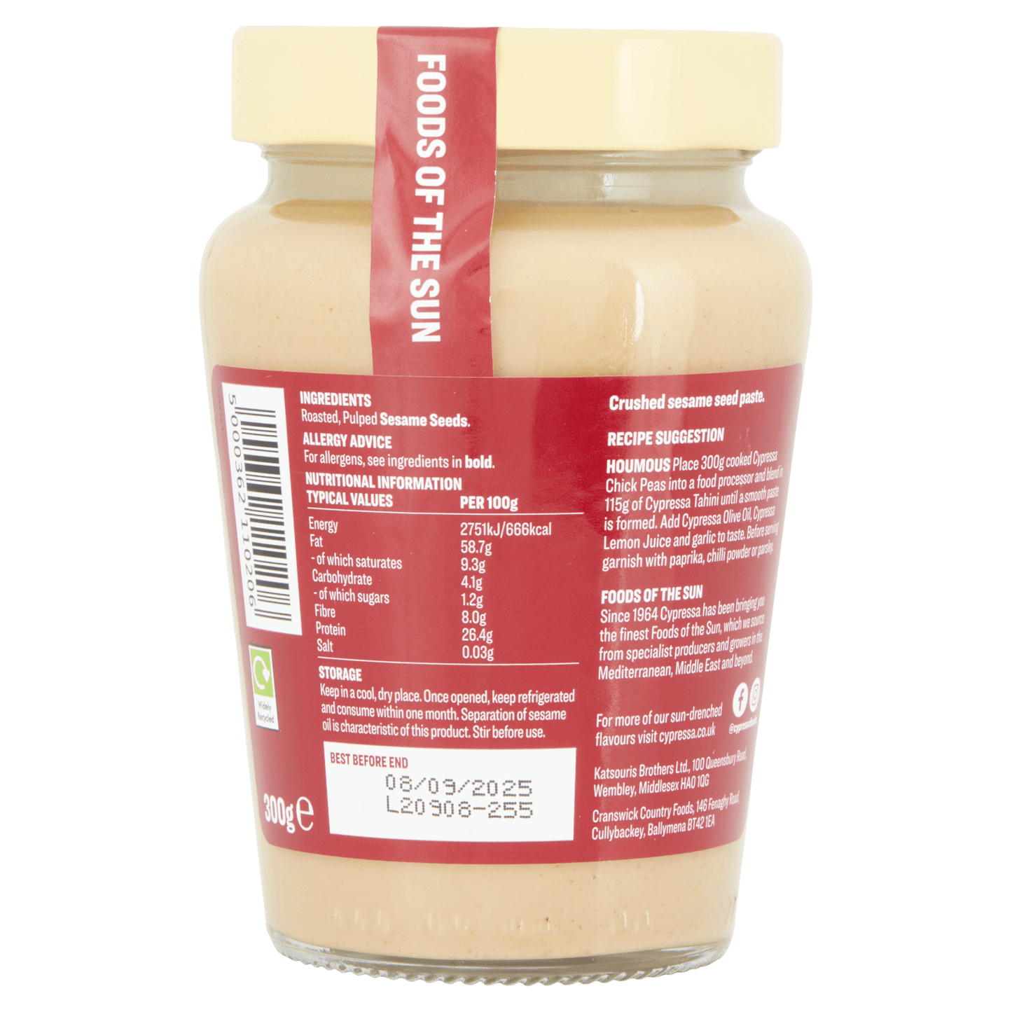 Cypressa Hulled Original Tahini 300g - UK Food & Drink - 5000362110206