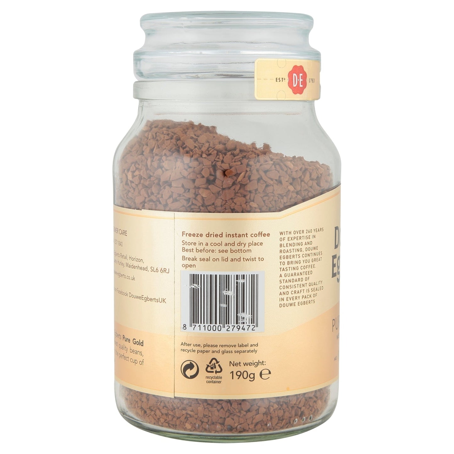 Douwe Egberts Pure Gold Medium Roast Instant Coffee 190g - UK Food & Drink - 8711000279472