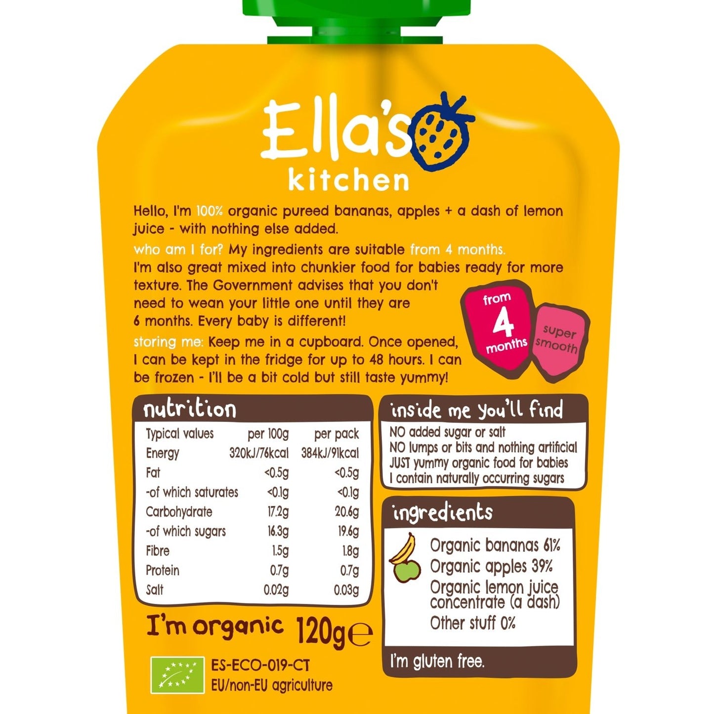 Ella's Kitchen Organic Bananas and Apples Baby Pouch 4+ Months 120g - UK Food & Drink - 5060107330276