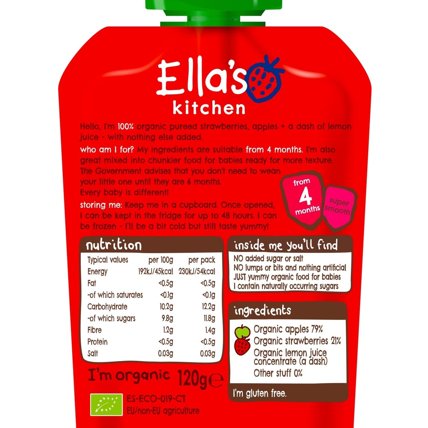 Ella's Kitchen Organic Strawberries and Apples Baby Pouch 4+ Months 120g - UK Food & Drink - 5060107330368