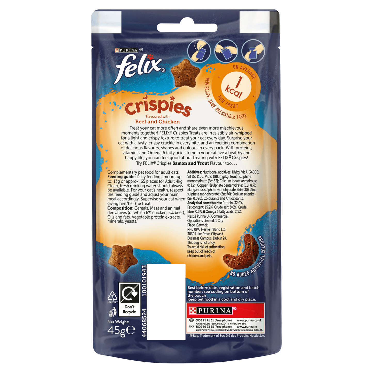 Felix Crispies Adult Cat Treats with Beef & Chicken 45g - UK Food & Drink - 7613034002969