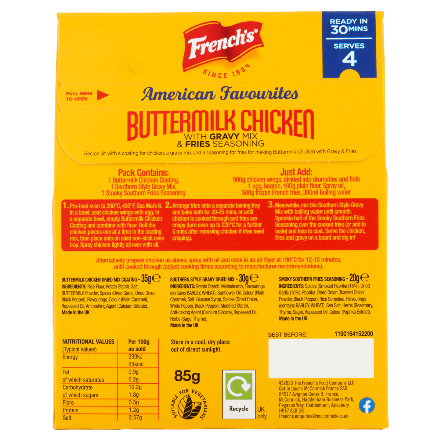 French's American Favourites Buttermilk Chicken with Gravy Mix & Fries Seasoning Recipe Kit 85g - UK Food & Drink - 41500012988