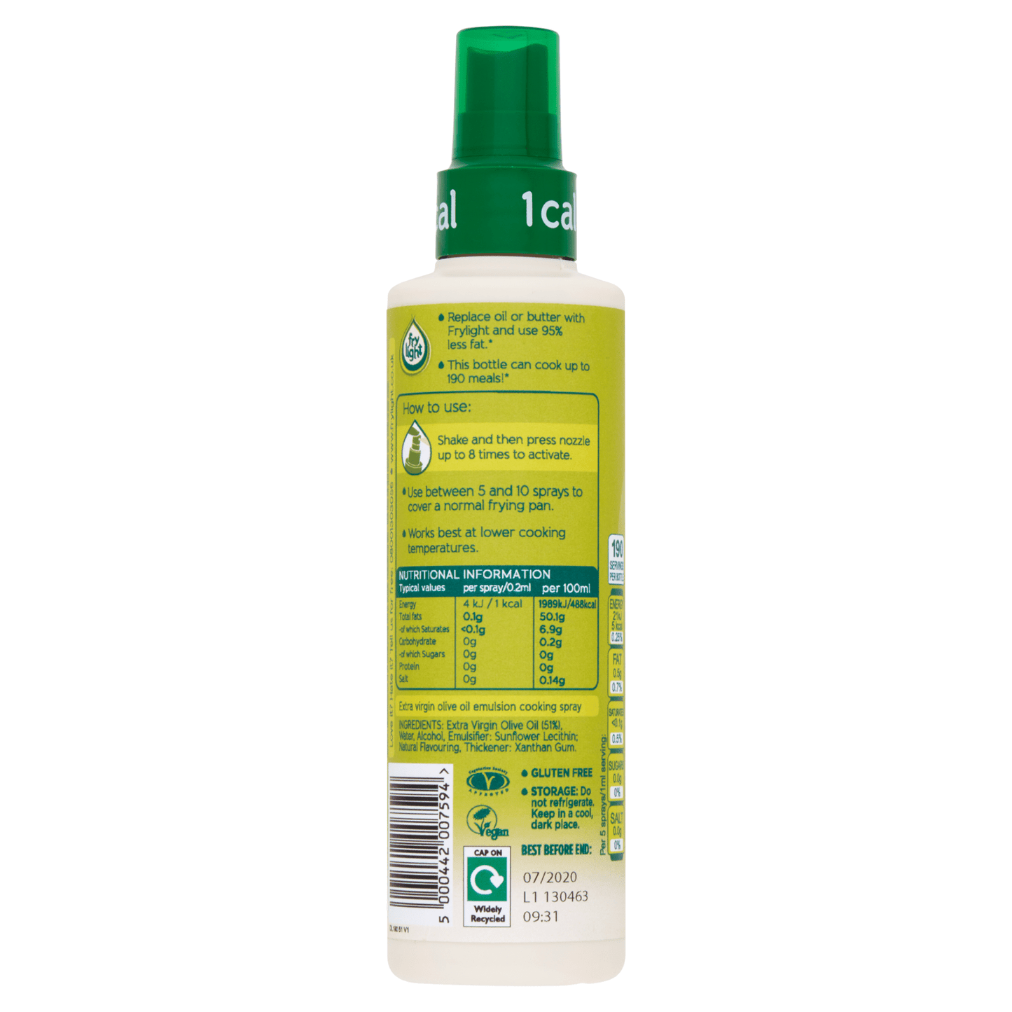 Frylight 1 Cal Light & Mellow Olive Oil Cooking Spray 190ml - UK Food & Drink - 5000442007594