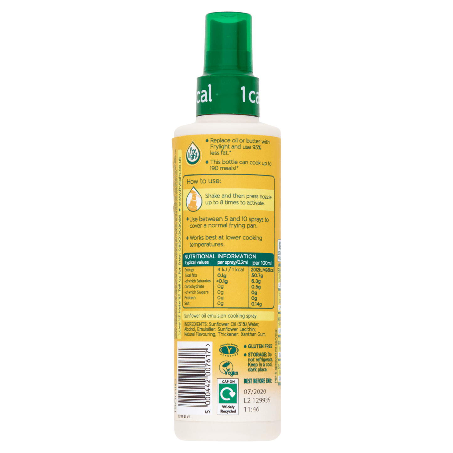 Frylight 1 Cal Sunflower Oil Cooking Spray 190ml - UK Food & Drink - 5000442007617