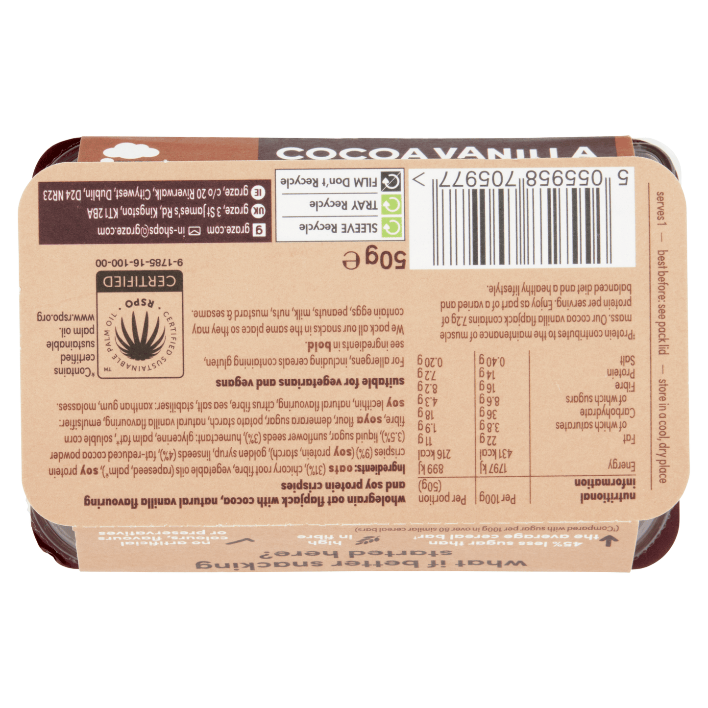 Graze 3 Flapjack Fingers Cocoa Vanilla Oat Boosts 50g - UK Food & Drink - 5055958705977
