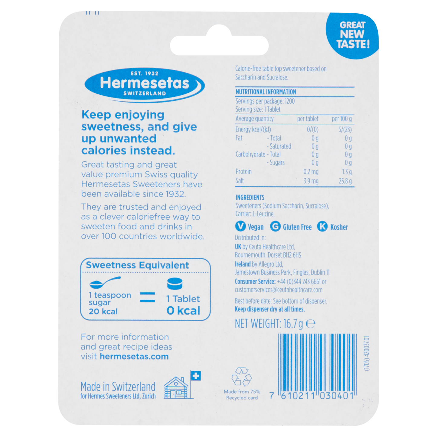 Hermesetas Mini Sweeteners 1200 Tablets 16.7g - UK Food & Drink - 7610211030401