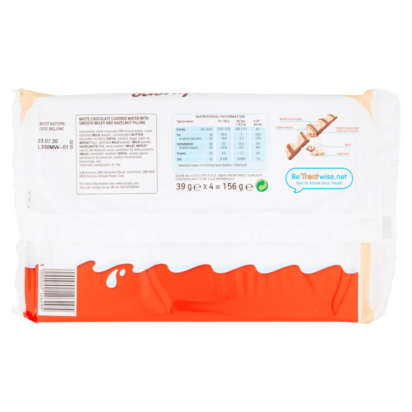 Kinder Bueno White Milk and Hazelnuts Bars 4 x 39g (156g) - UK Food & Drink - 8000500126295