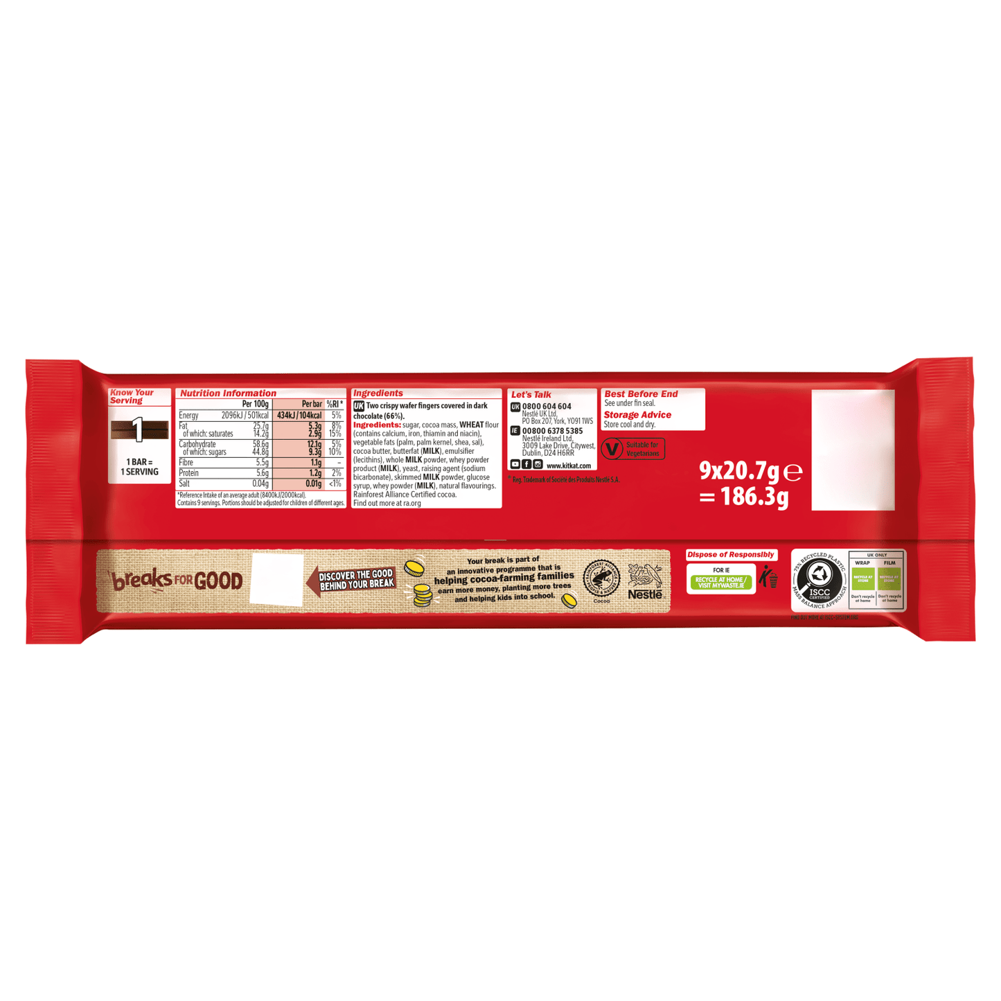 KitKat 2 Finger Dark 9 x 20.7g (186.3g) - UK Food & Drink - 7613036099387