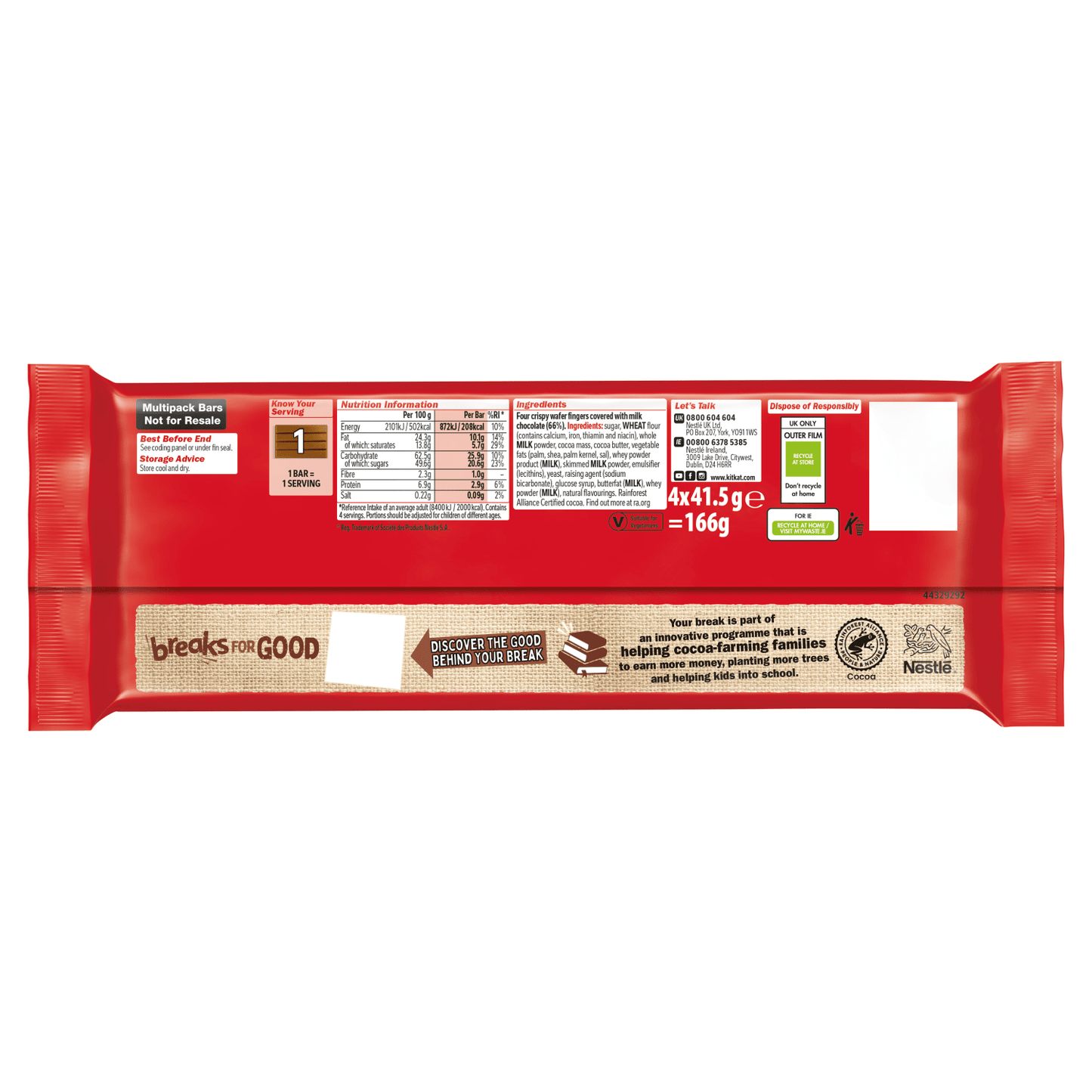 KitKat Finger Bars 4 x 41.5g (166g) - UK Food & Drink - 7613035220263