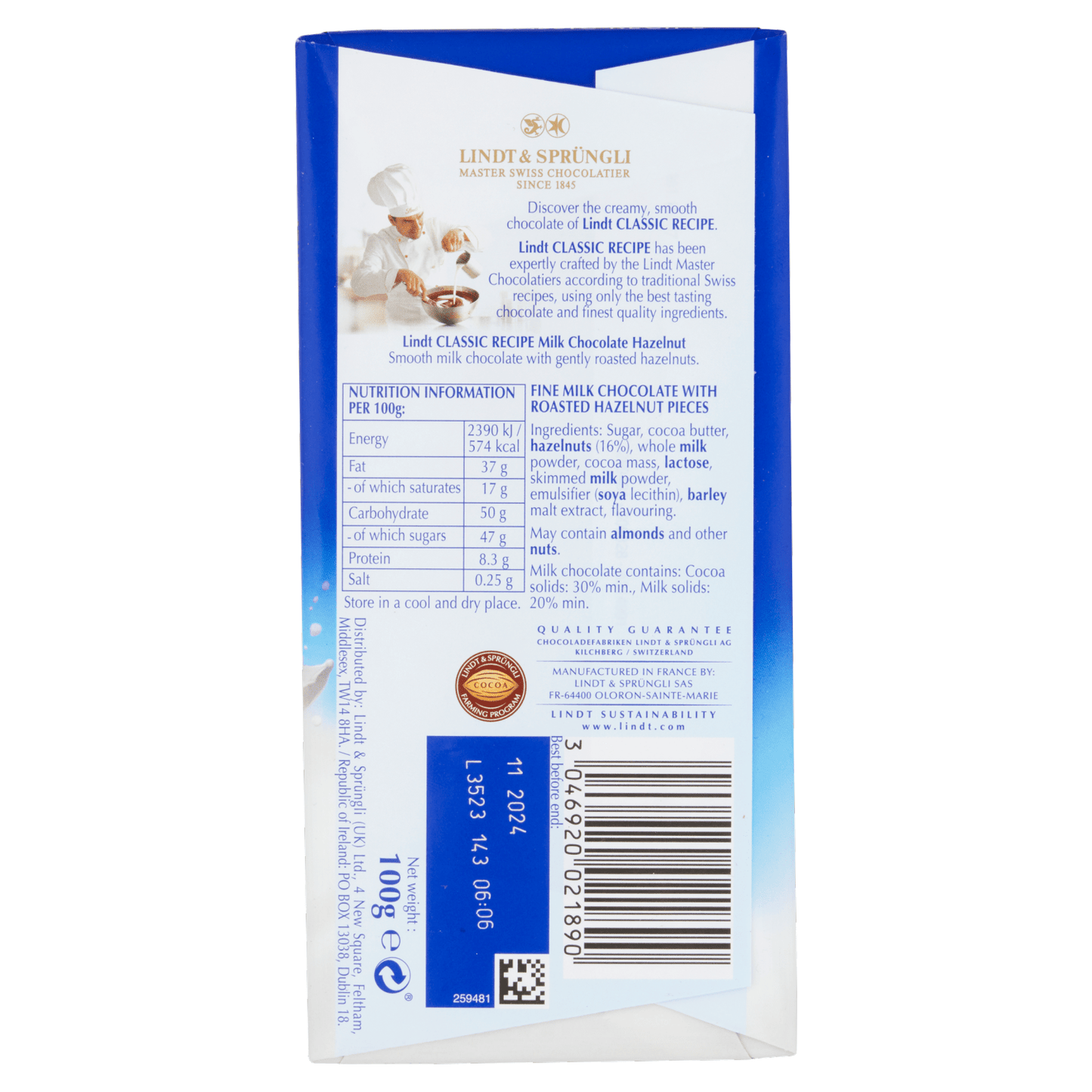 Lindt Classic Recipe Milk Hazelnut Chocolate Bar 100g - UK Food & Drink - 3046920021890