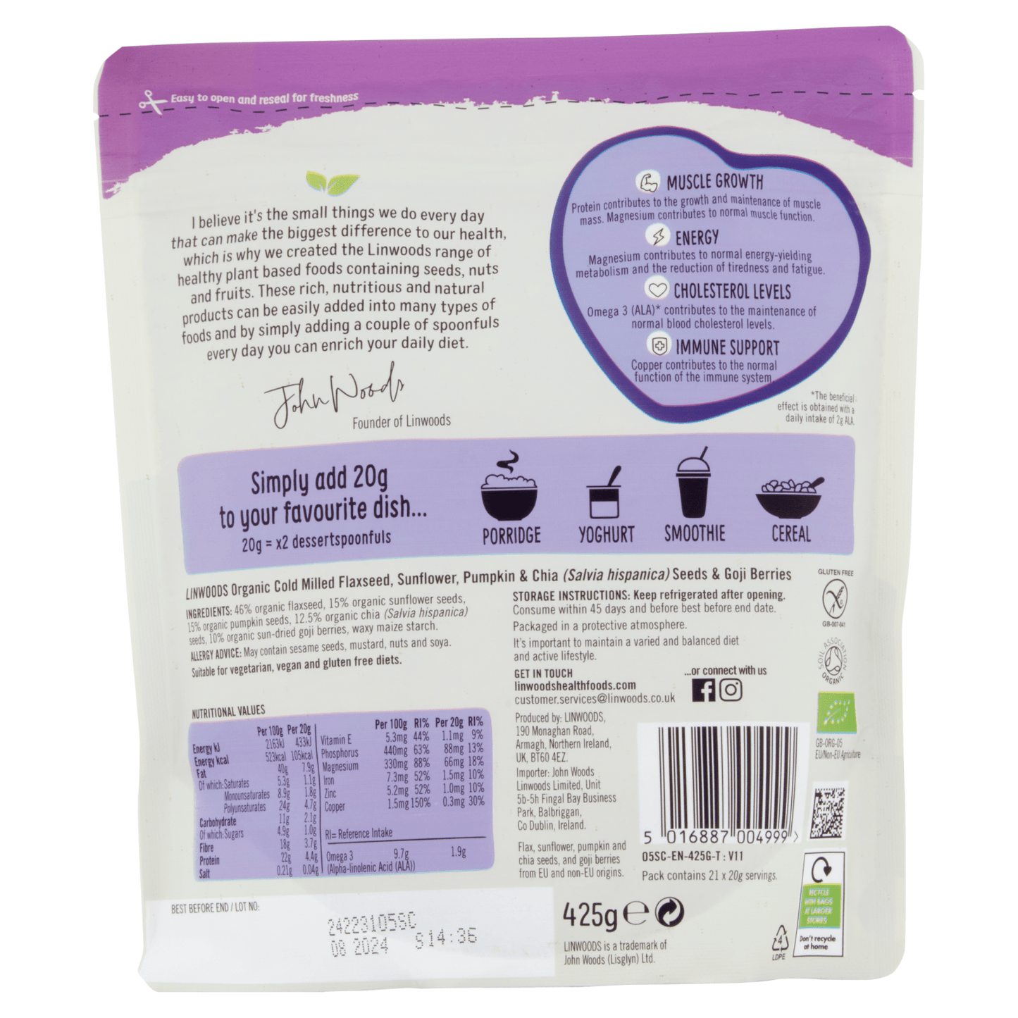 Linwoods Organic Cold Milled Flaxseed, Sunflower, Pumpkin & Chia Seeds & Goji Berries 425g - UK Food & Drink - 5016887004999