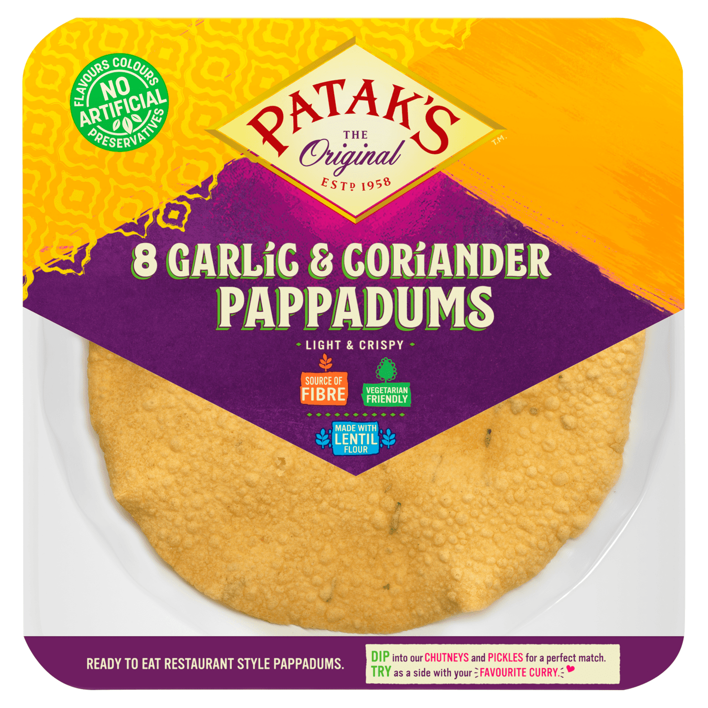 Patak's The Original 8 Garlic & Coriander Pappadums 80g - UK Food & Drink - 5011308199247