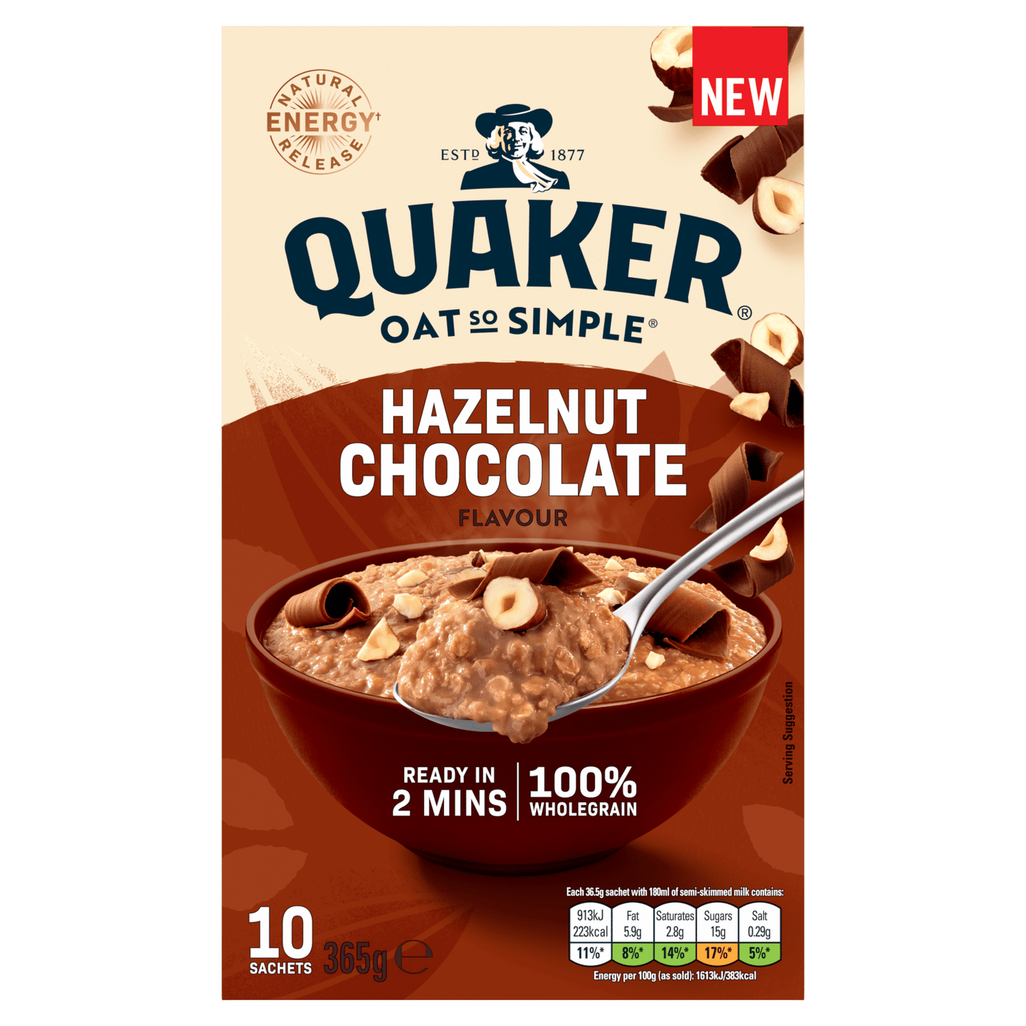 Quaker Hazelnut Chocolate Porridge Sachets Oats So Simple 10 x 36g - UK Food & Drink - 5000108033783
