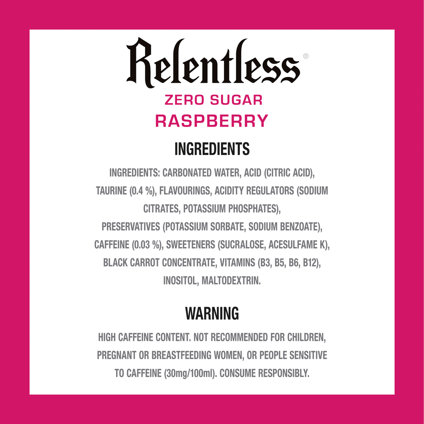 Relentless Raspberry Zero Energy Drink 500ml - UK Food & Drink - 5060608748556