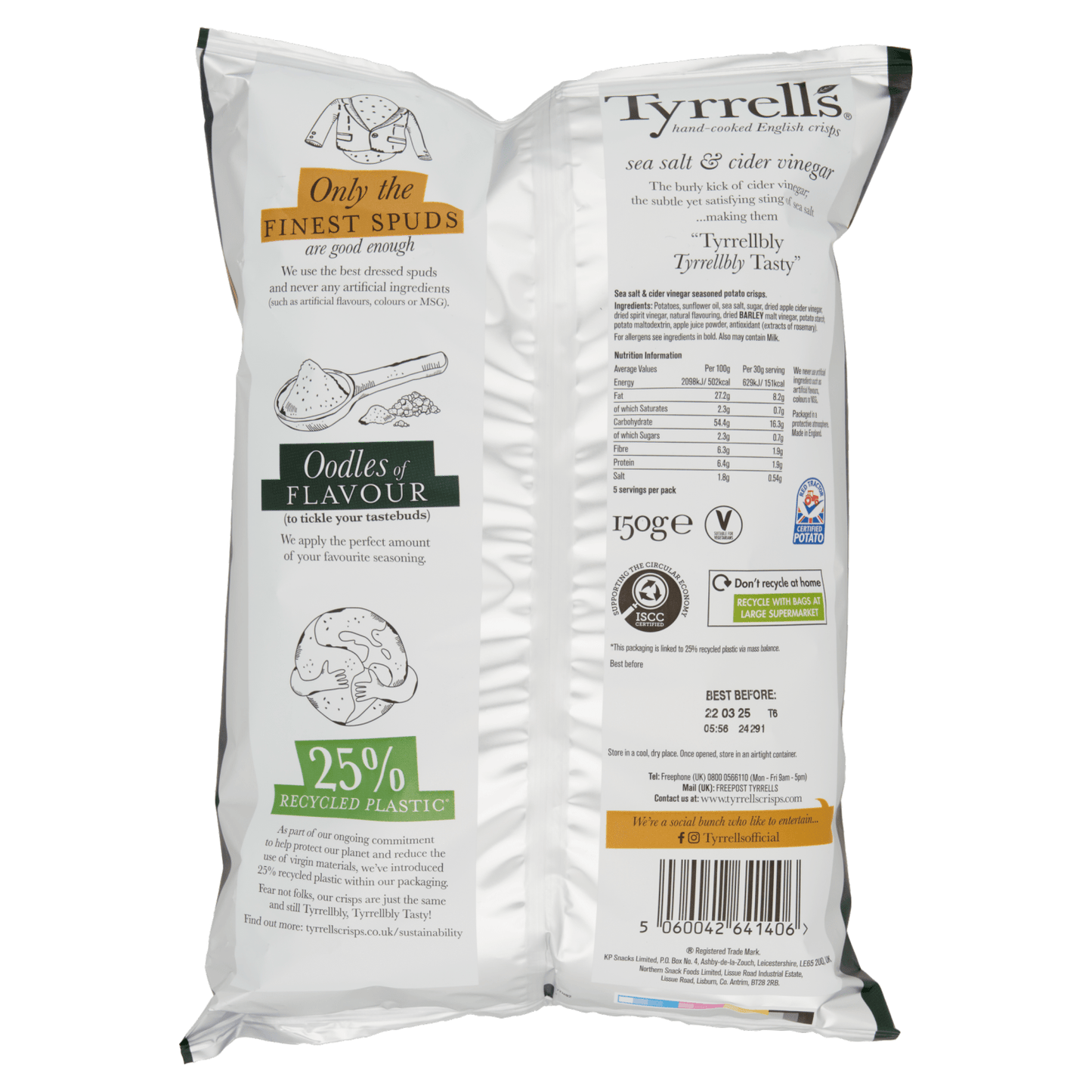 Tyrrells Sea Salt & Cider Vinegar Hand - Cooked English Crisps 150g - UK Food & Drink - 5060042641406