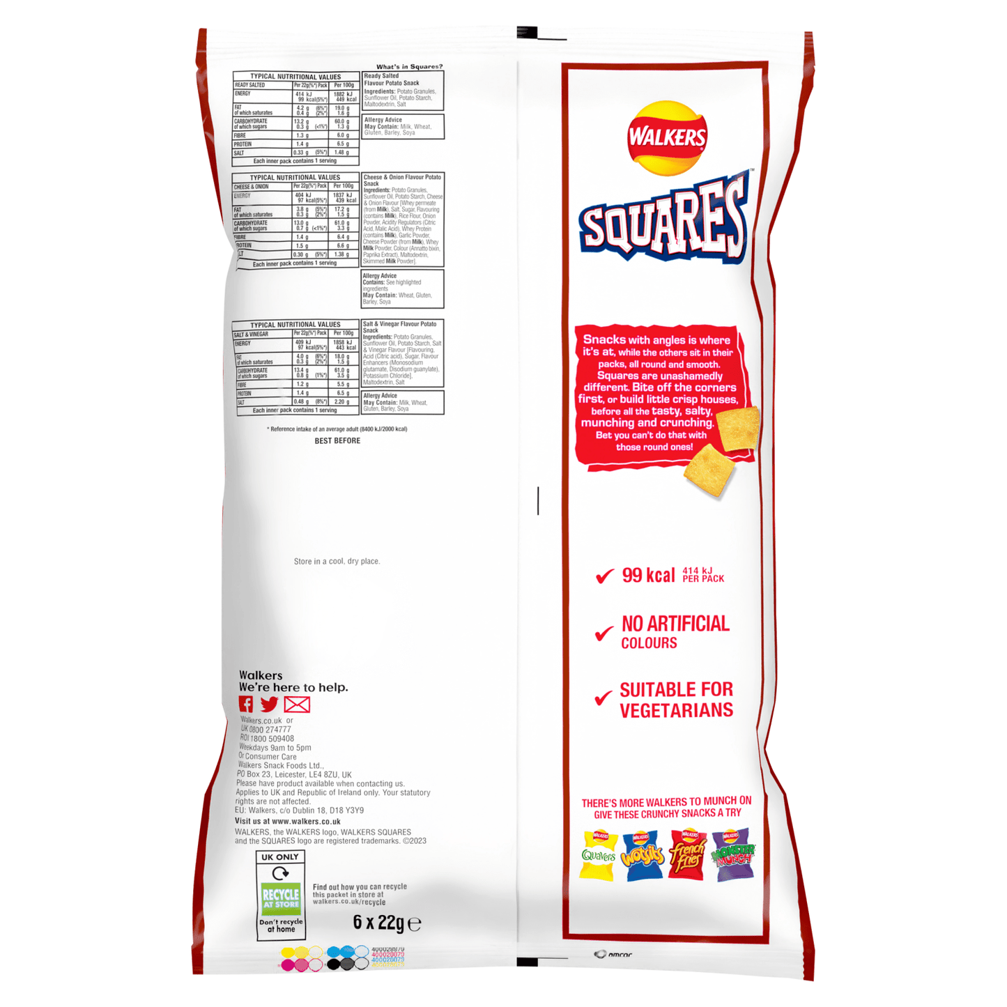 Walkers Squares Flavour Potato Snacks 6 x 22g - UK Food & Drink - 5000328839400
