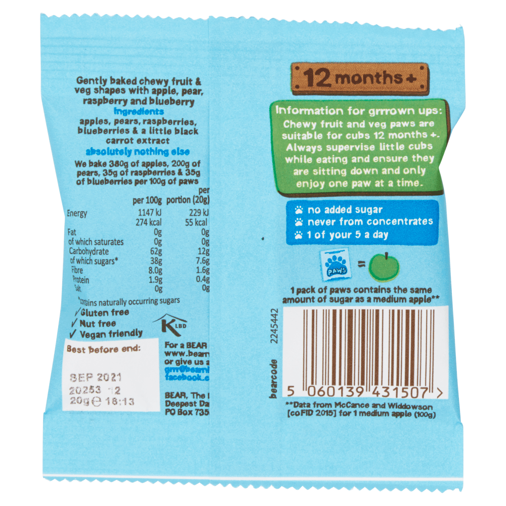 Bear Raspberry + Blueberry Little Paws 2+ Years 20g - UK Food & Drink - 5060139431507