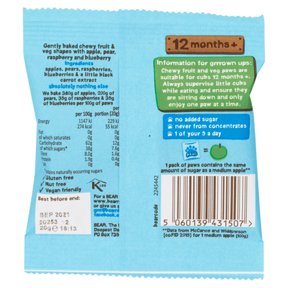 Bear Raspberry + Blueberry Little Paws 2+ Years 20g - UK Food & Drink - 5060139431507