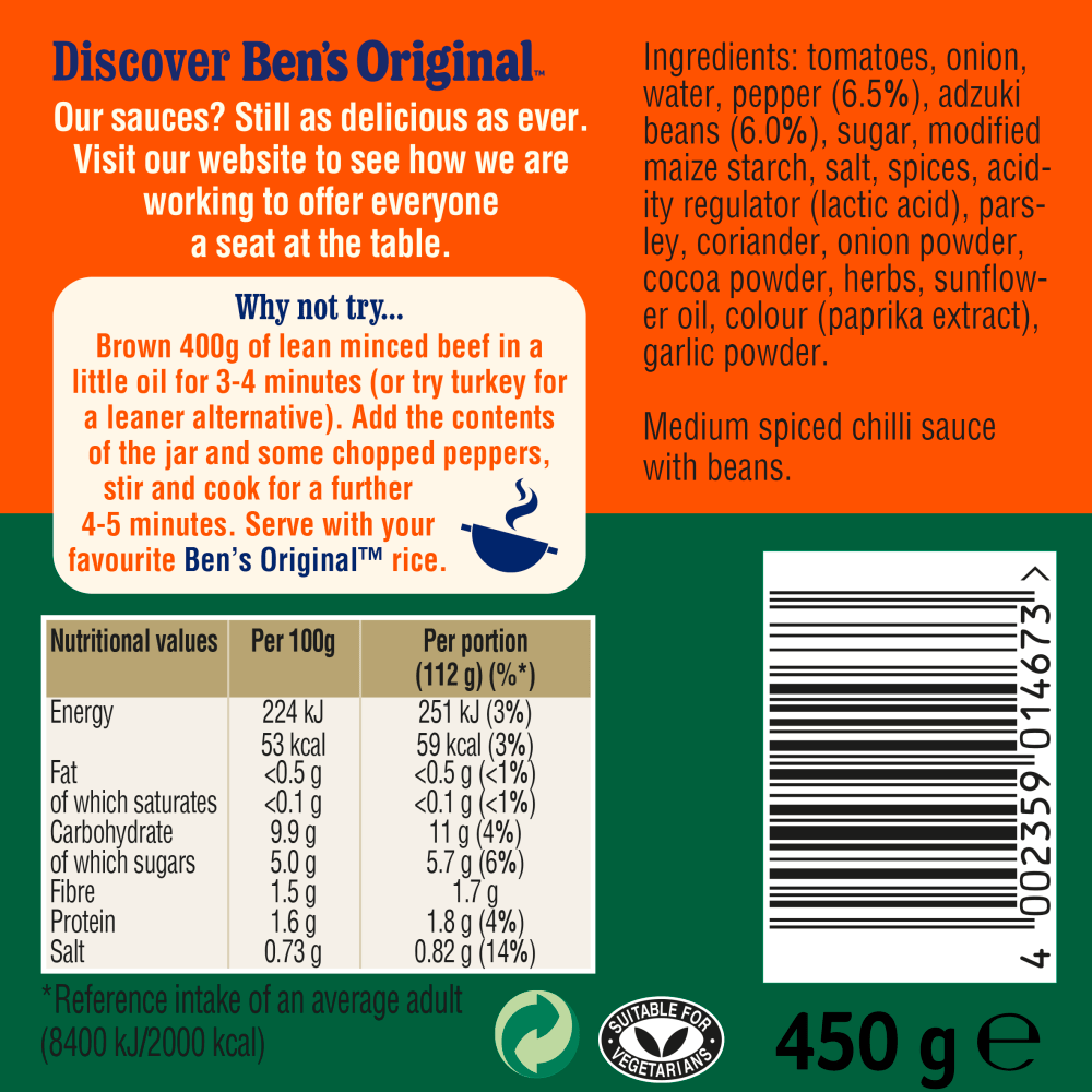 Ben's Original Sauce for Chilli Con Carne Medium 450g - UK Food & Drink - 4002359014673