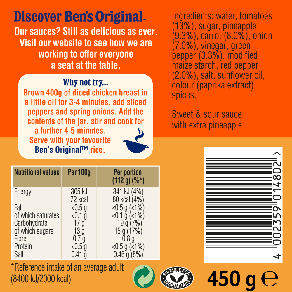 Ben's Original Sweet & Sour Extra Pineapple Sauce 450g - UK Food & Drink - 4002359014802