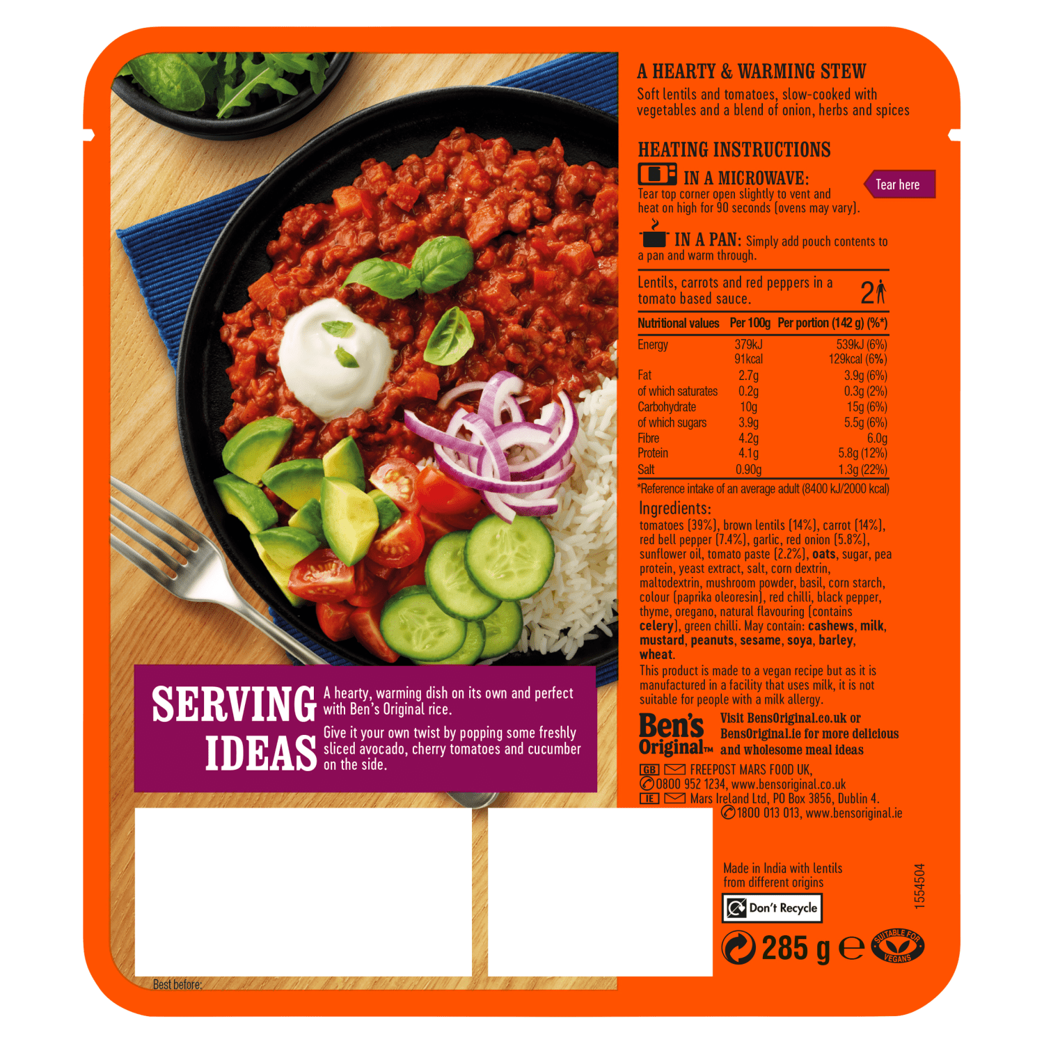 Ben's Plant Powered Spicy Lentil Stew Lentils, Carrots & Red Pepper 285g - UK Food & Drink - 5010034013568
