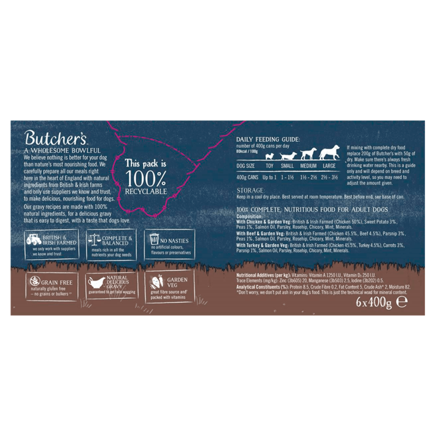 Butcher's Recipes in Gravy Wet Dog Food Tins 6 x 400g - UK Food & Drink - 5011792002832