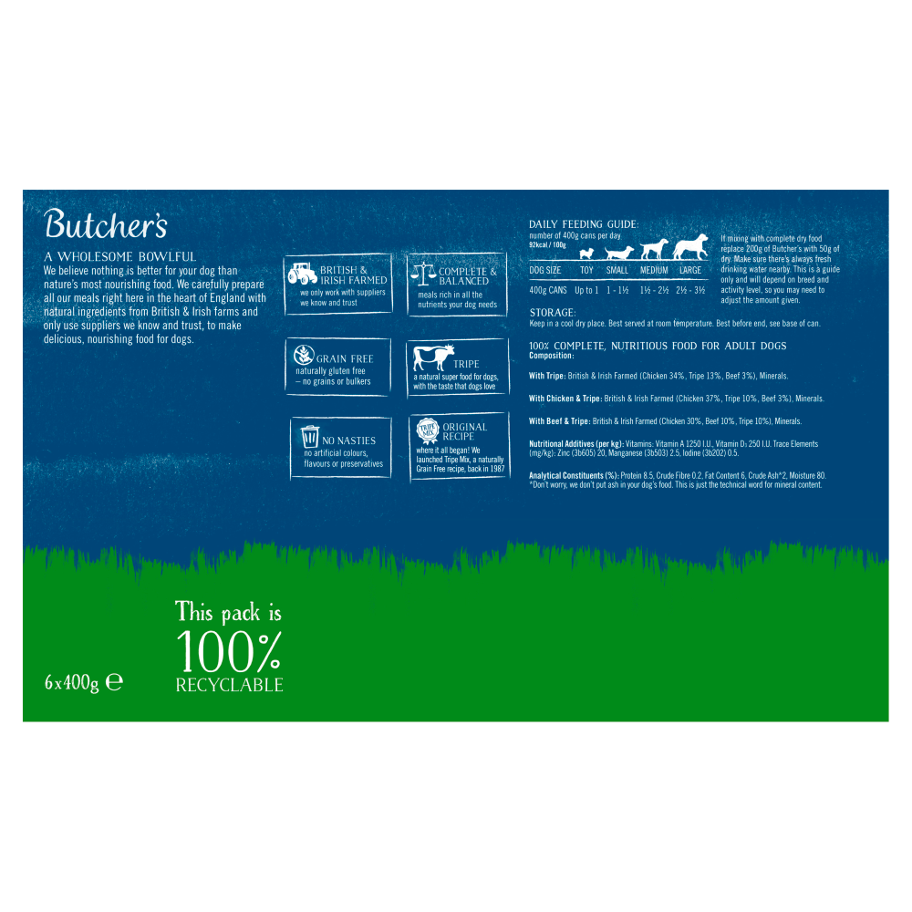 Butcher's Tripe Loaf Recipes Wet Dog Food Tins 6 x 400g - UK Food & Drink - 5011792002795