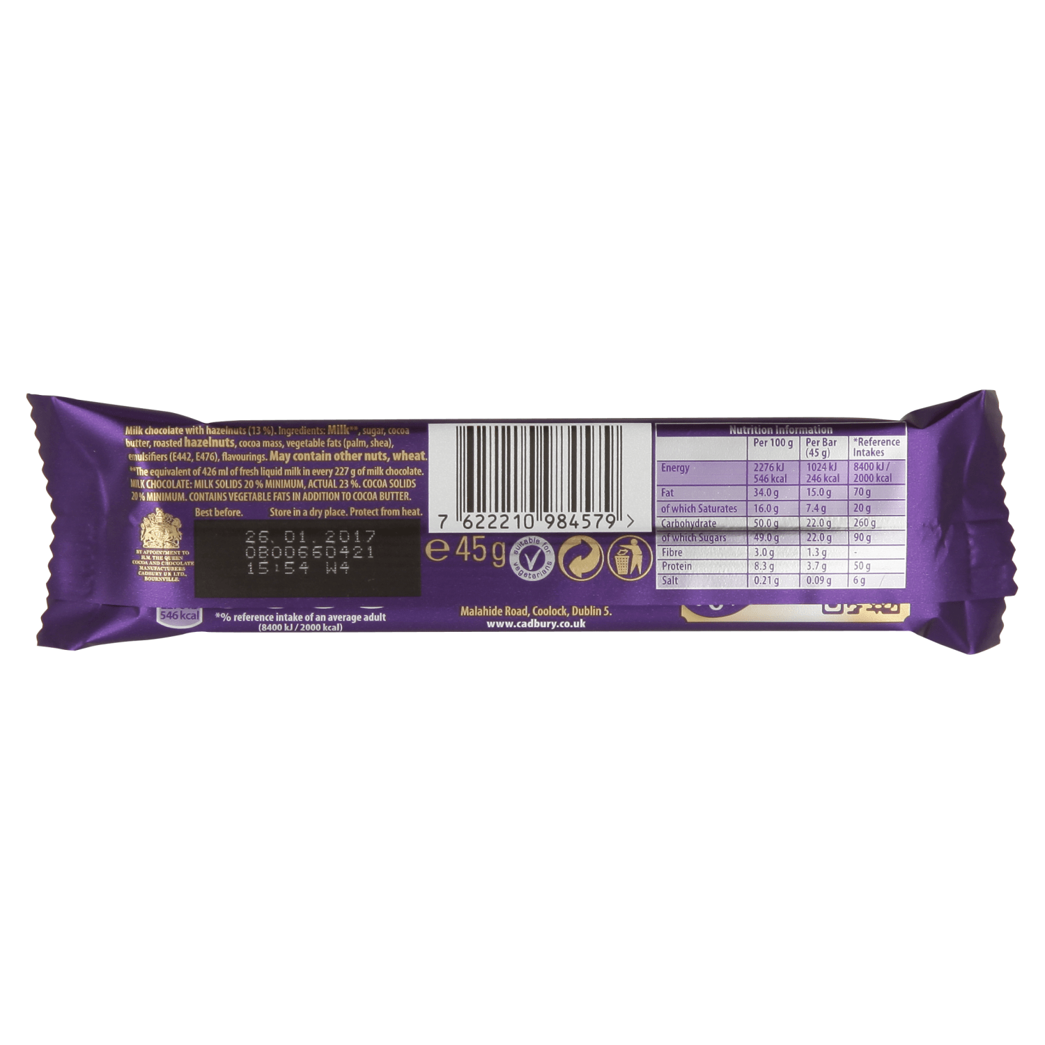 Cadbury Dairy Milk Whole Nut Chocolate Bar 45g - UK Food & Drink - 7622210984579