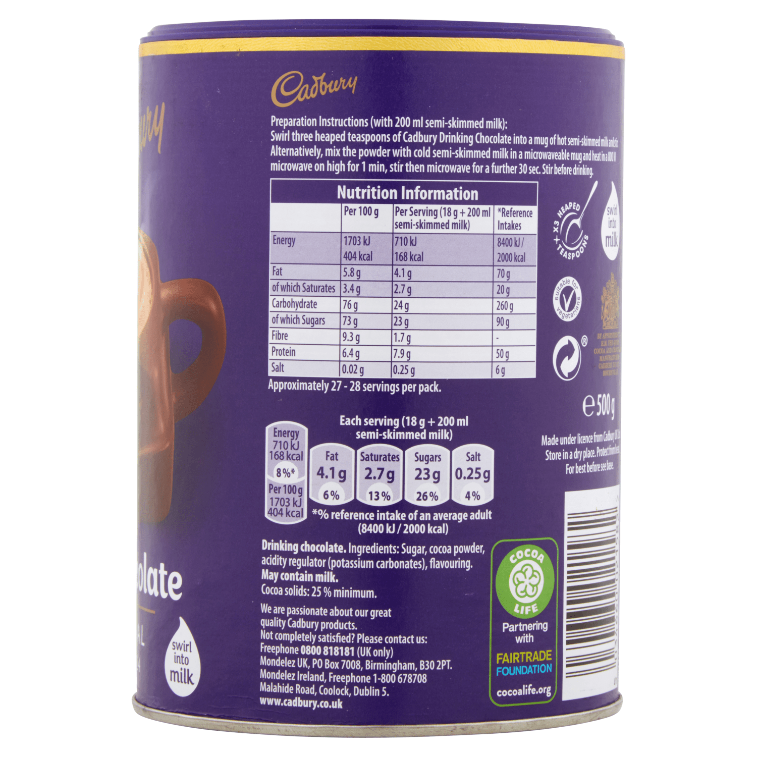 Cadbury Drinking Hot Chocolate 500g - UK Food & Drink - 5034660021582