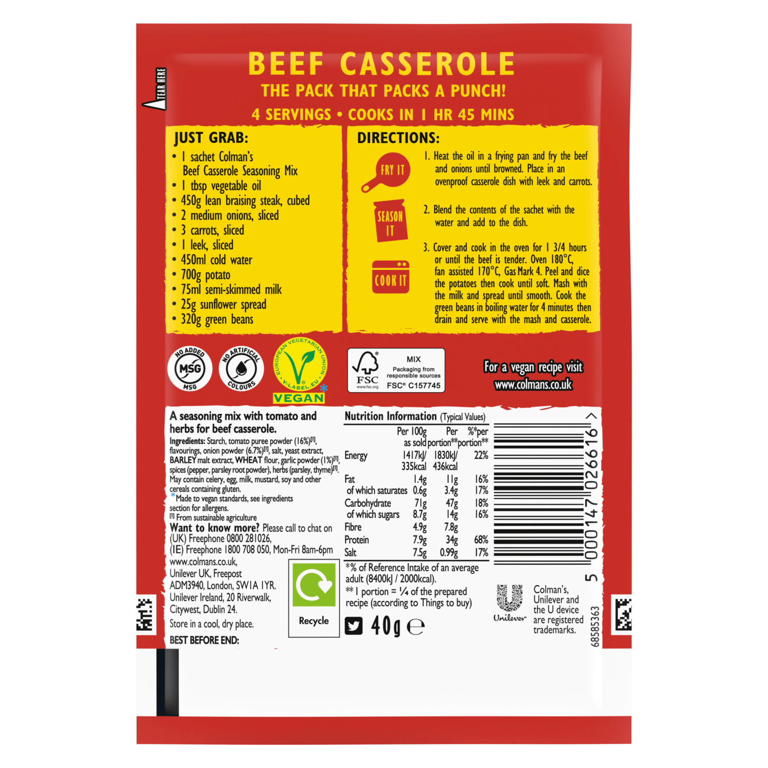Colman's Beef Casserole Recipe Mix 40g - UK Food & Drink - 5000147026616