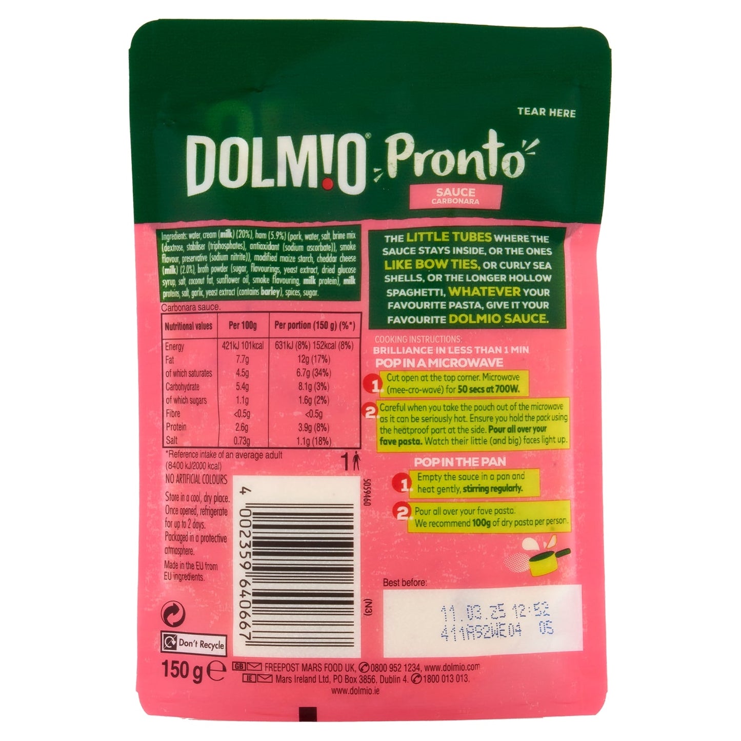 Dolmio Pronto Carbonara Microwave Pasta Sauce 150g - UK Food & Drink - 4002359640667