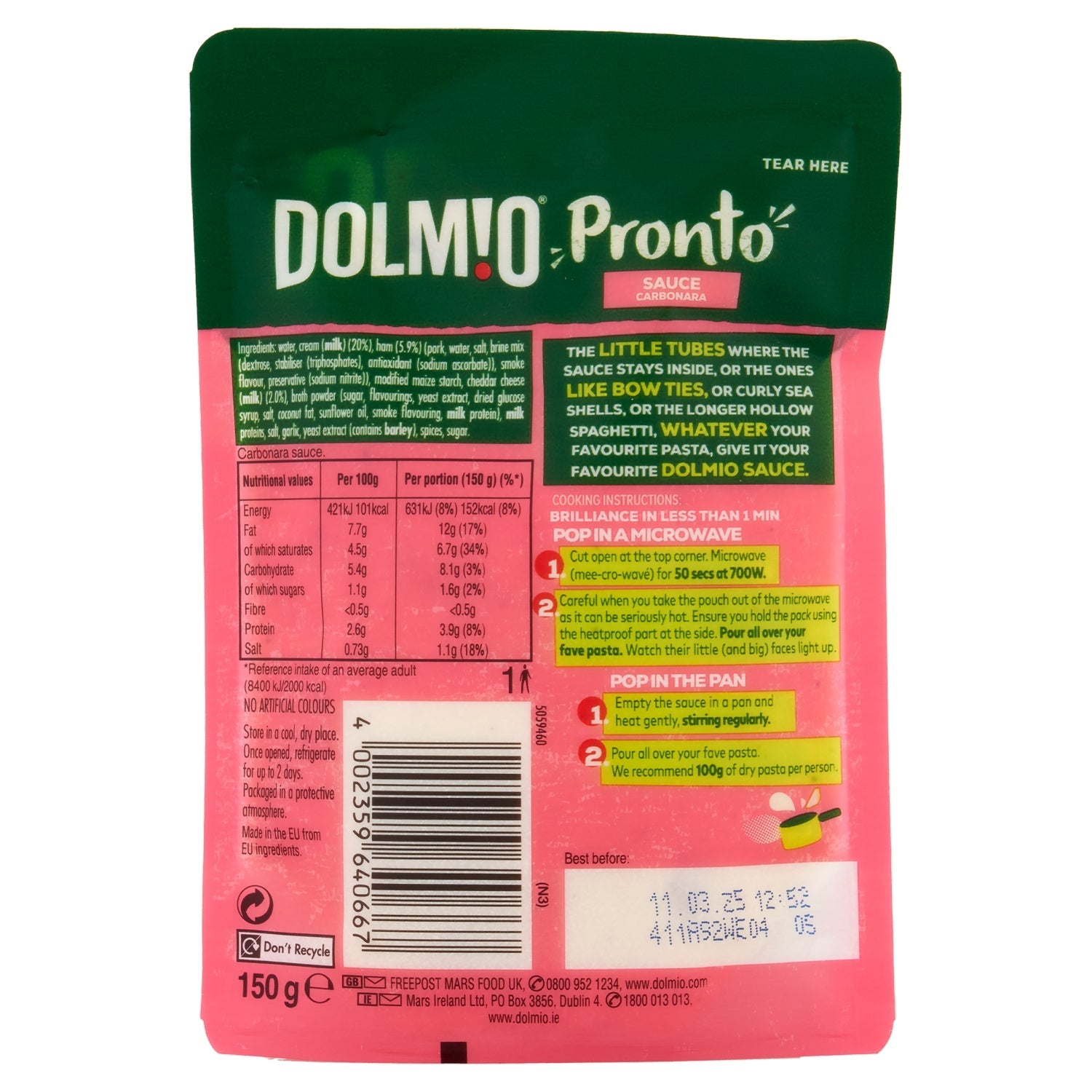 Dolmio Pronto Carbonara Microwave Pasta Sauce 150g - UK Food & Drink - 4002359640667