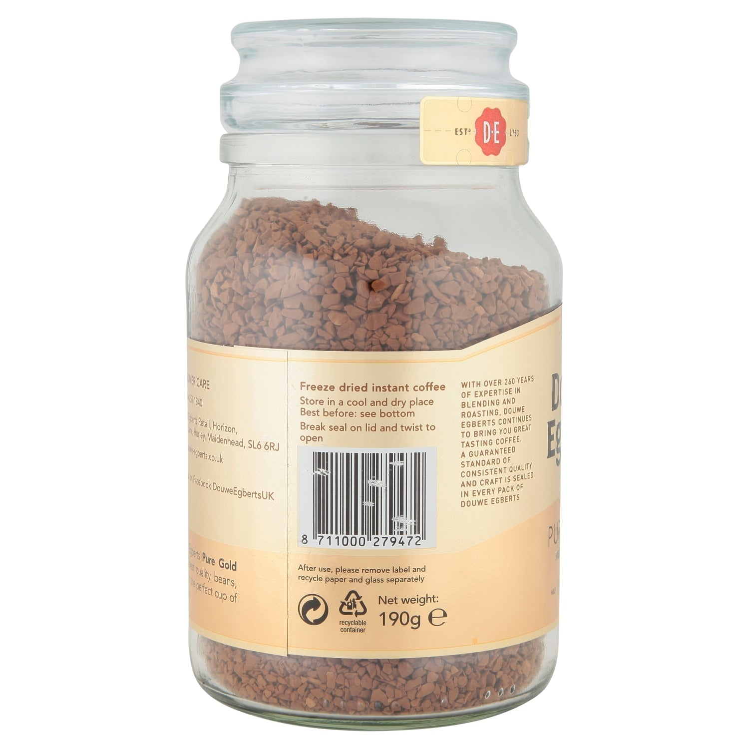 Douwe Egberts Pure Gold Medium Roast Instant Coffee 190g - UK Food & Drink - 8711000279472