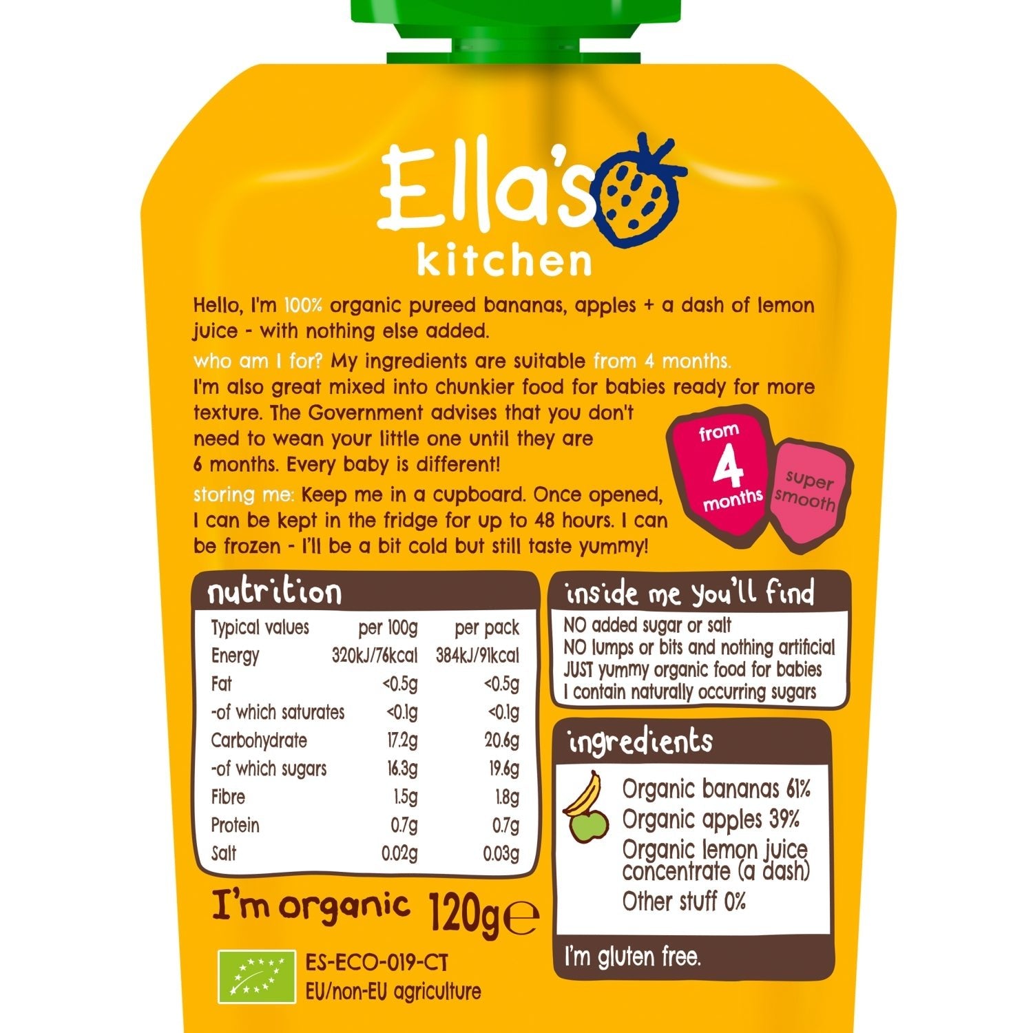 Ella's Kitchen Organic Bananas and Apples Baby Pouch 4+ Months 120g - UK Food & Drink - 5060107330276