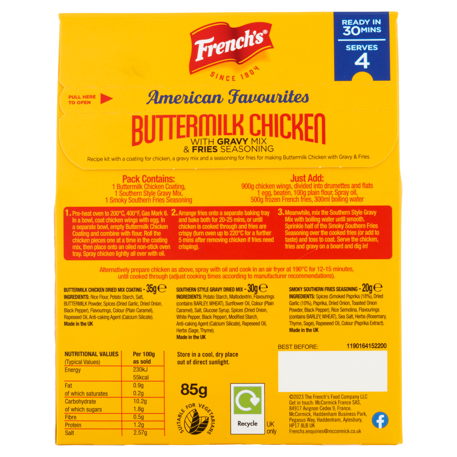 French's American Favourites Buttermilk Chicken with Gravy Mix & Fries Seasoning Recipe Kit 85g - UK Food & Drink - 41500012988