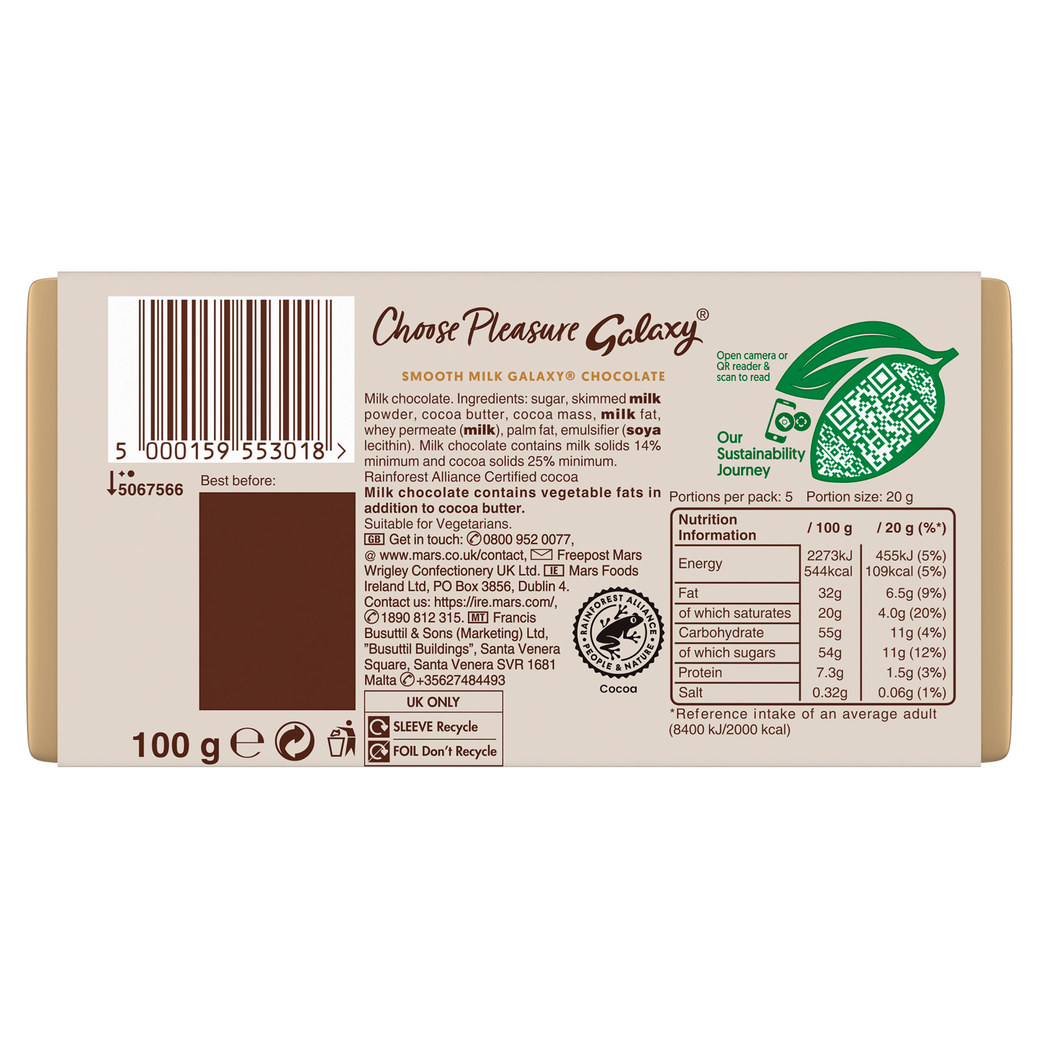 Galaxy Smooth Milk 100g - UK Food & Drink - 5000159553018