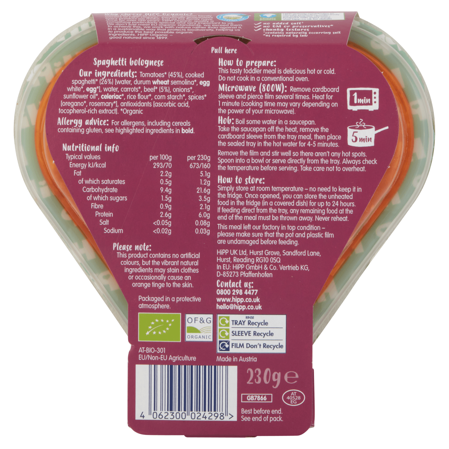 HiPP Organic Spaghetti Bolognese 12+ Months 230g - UK Food & Drink - 4062300024298