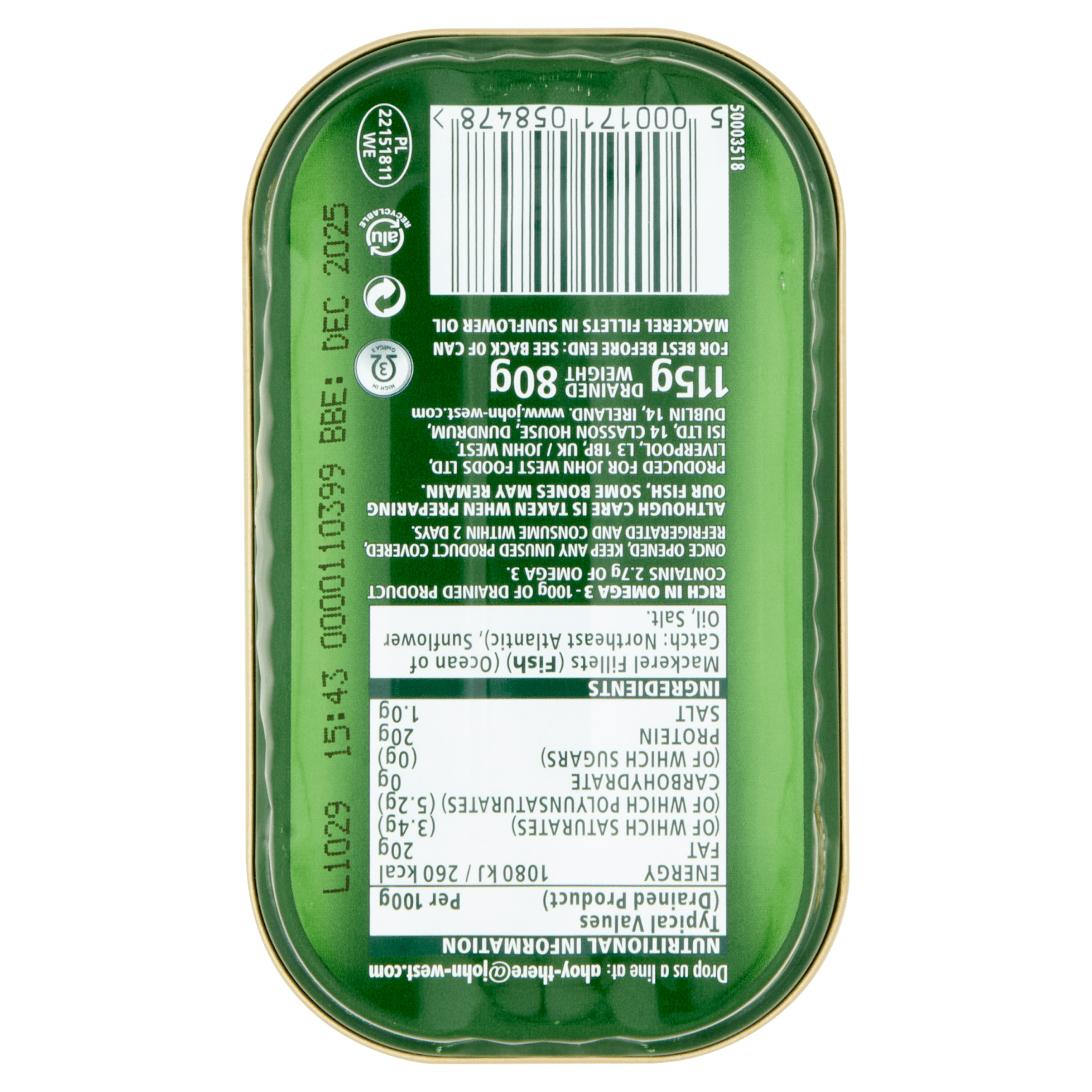 John West Mackerel Fillets in Sunflower Oil 115g - UK Food & Drink - 5000171058478