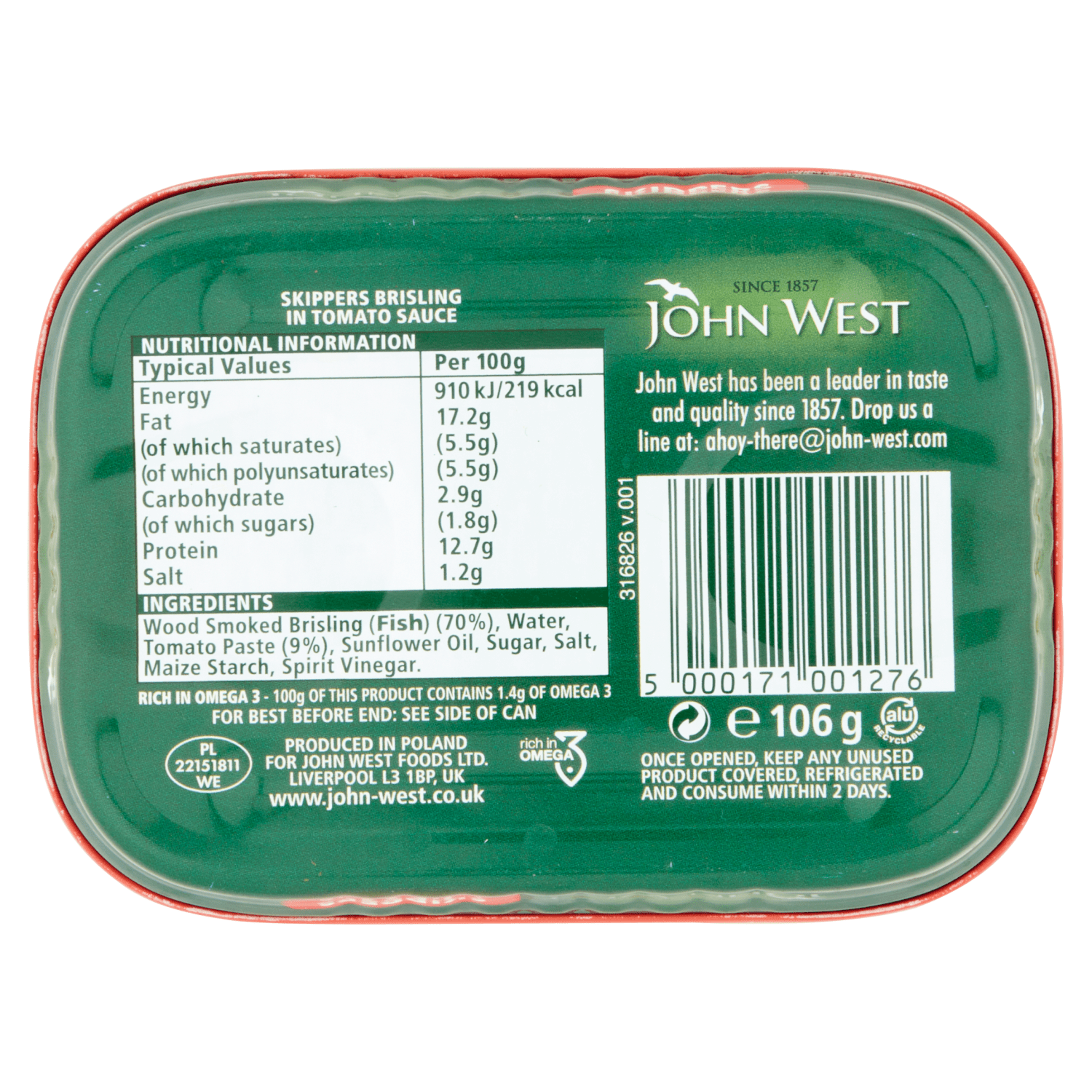 John West Skippers Brisling in Tomato Sauce 106g - UK Food & Drink - 5000171001276