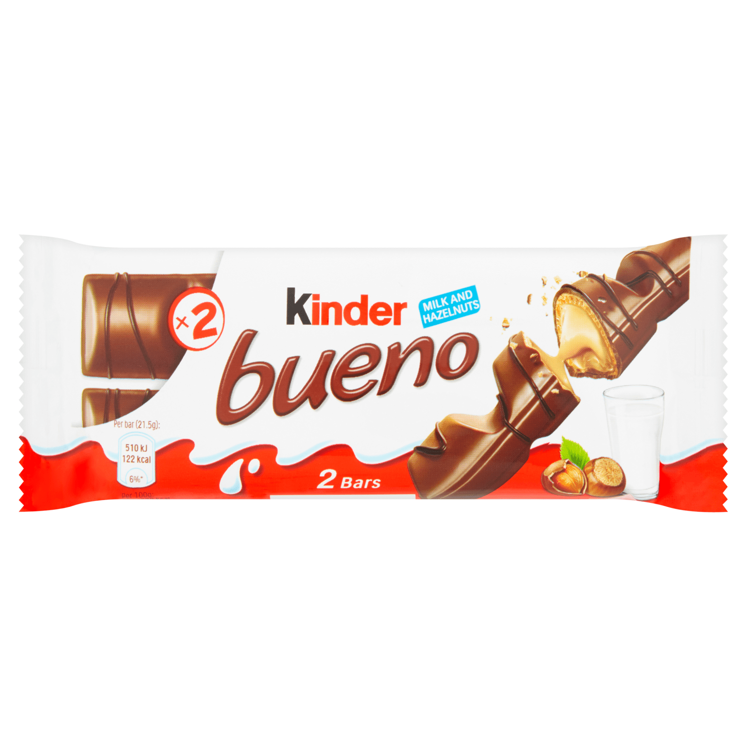 Kinder Bueno Milk Chocolate and Hazelnuts Single Bar 2 Finger x 21.5g (43g) - UK Food & Drink - 80052760