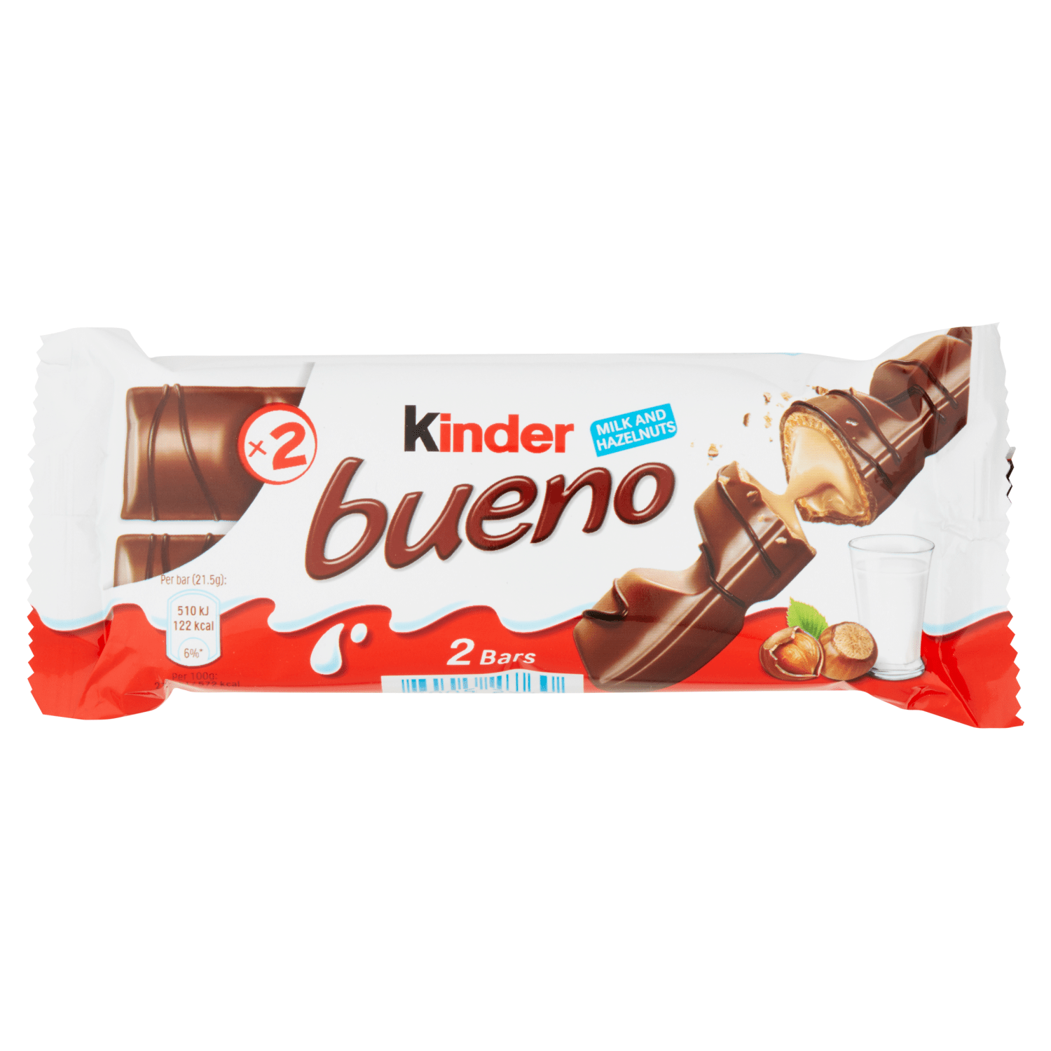 Kinder Bueno Milk Chocolate and Hazelnuts Single Bar 2 Finger x 21.5g (43g) - UK Food & Drink - 80052760