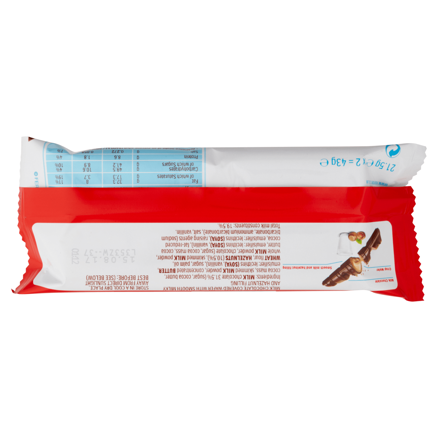 Kinder Bueno Milk Chocolate and Hazelnuts Single Bar 2 Finger x 21.5g (43g) - UK Food & Drink - 80052760