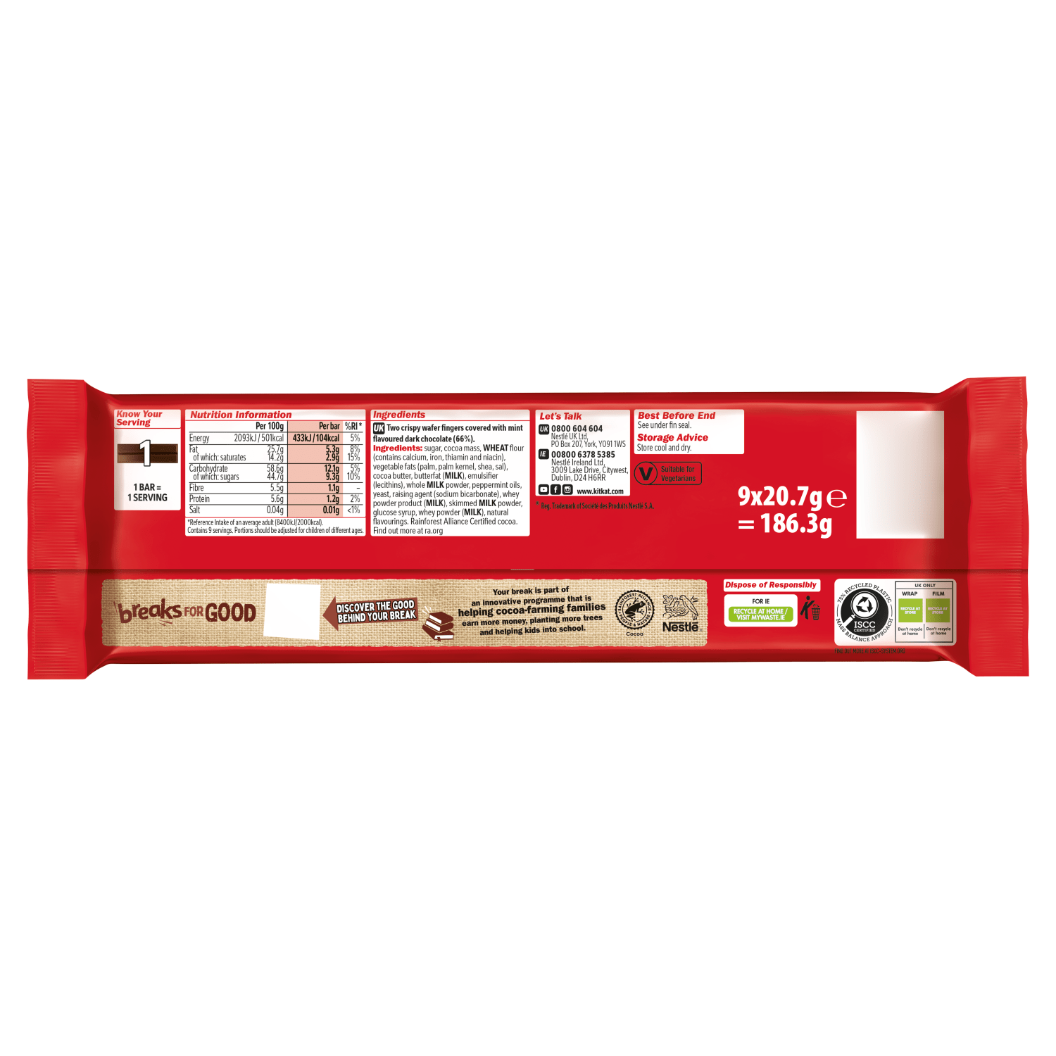 KitKat 2 Finger Dark Mint 9 x 20.7g (186.3g) - UK Food & Drink - 7613036099363