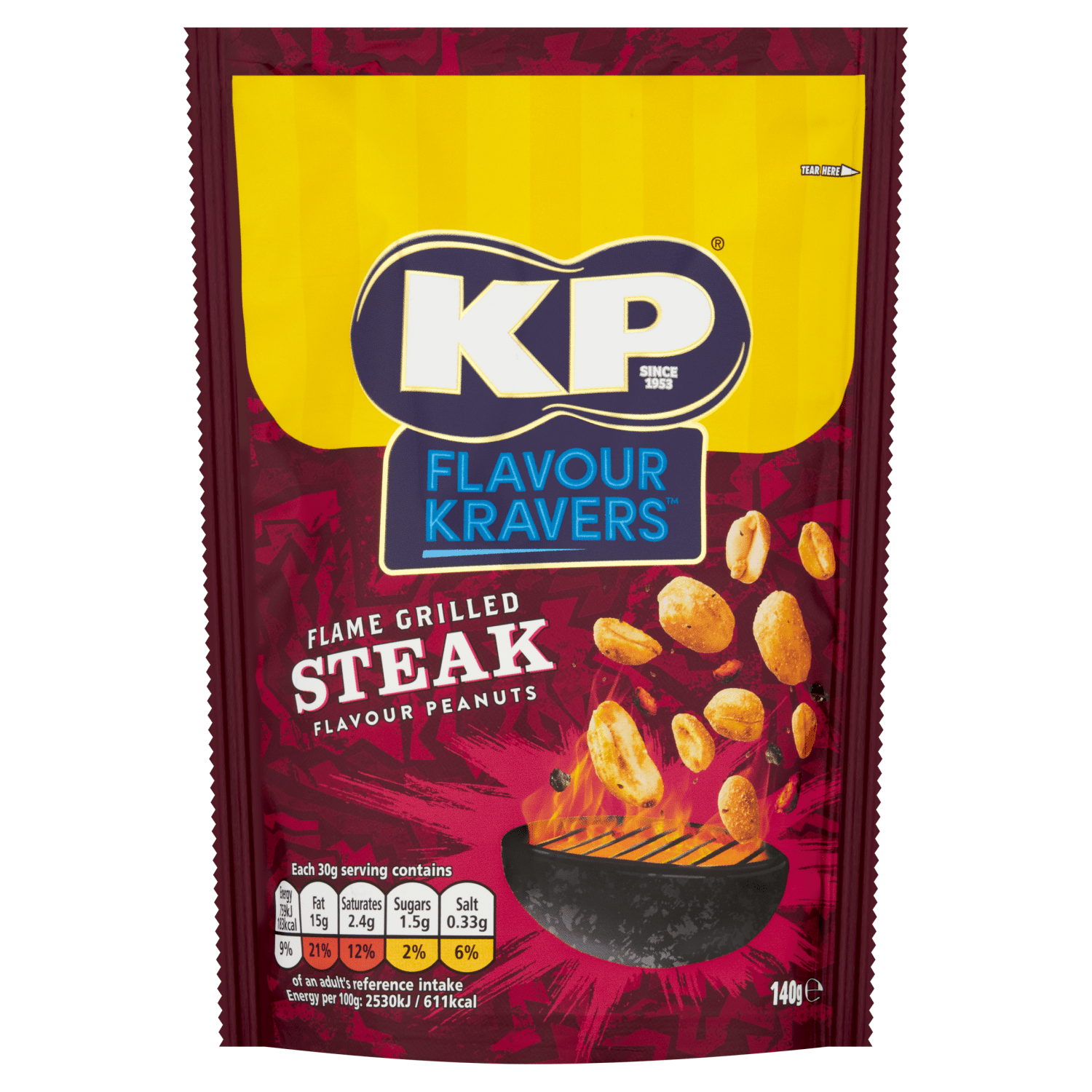 KP Flavour Kravers Flame Grilled Steak Flavour Peanuts 140g - UK Food & Drink - 5000237137802