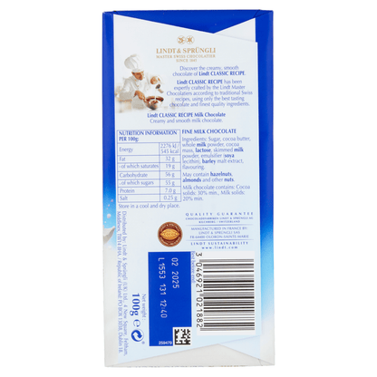 Lindt Classic Recipe Milk Chocolate Bar 100g - UK Food & Drink - 3046921021882