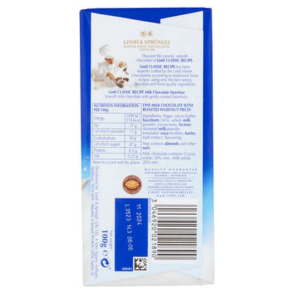 Lindt Classic Recipe Milk Hazelnut Chocolate Bar 100g - UK Food & Drink - 3046920021890
