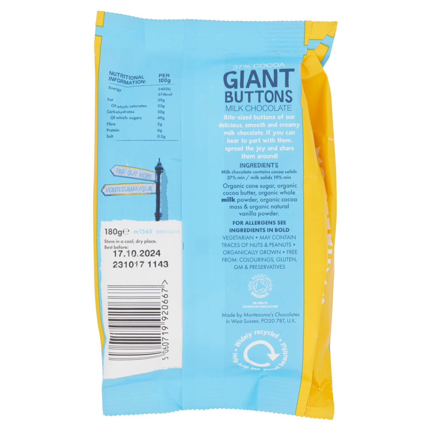 Montezuma's 37% Cocoa Giant Buttons Milk Chocolate 180g - UK Food & Drink - 5060719920667