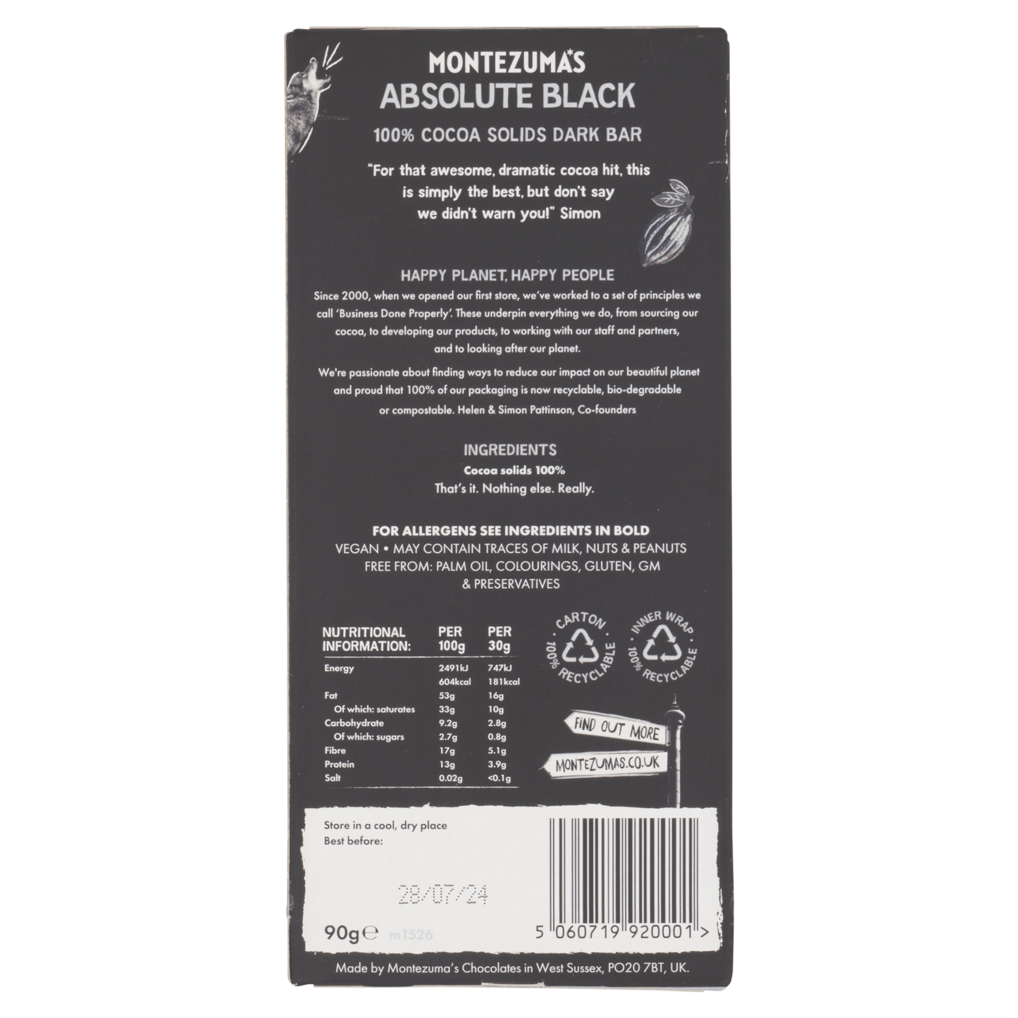 Montezuma's Absolute Black Darkest Dark 90g - UK Food & Drink - 5060719920001
